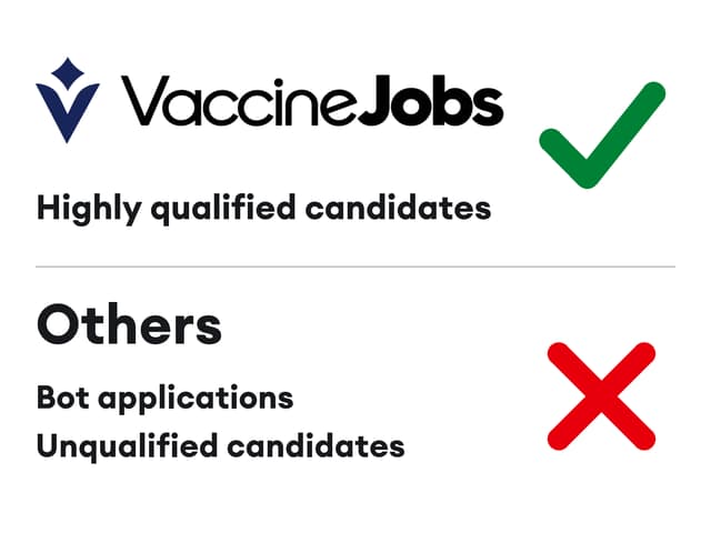 VaccineJobs logo with a check mark beside highly qualified candidates, compared with bot applications and unqualified candidates.