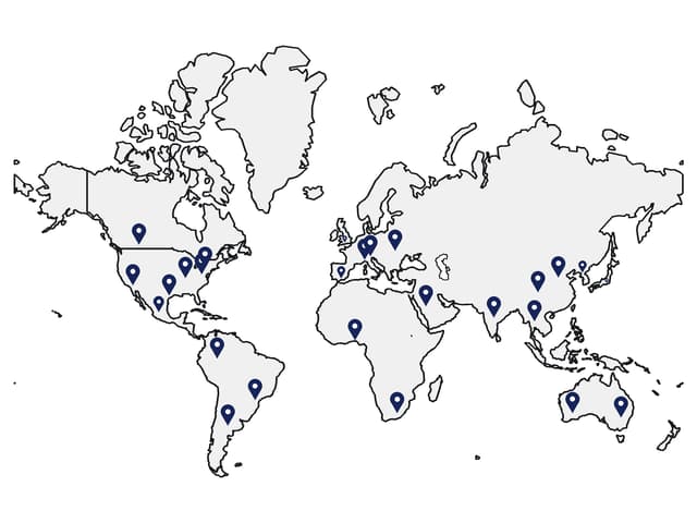 Worldwide Reach: a map with location pins in the VaccineJobs brand colors.
